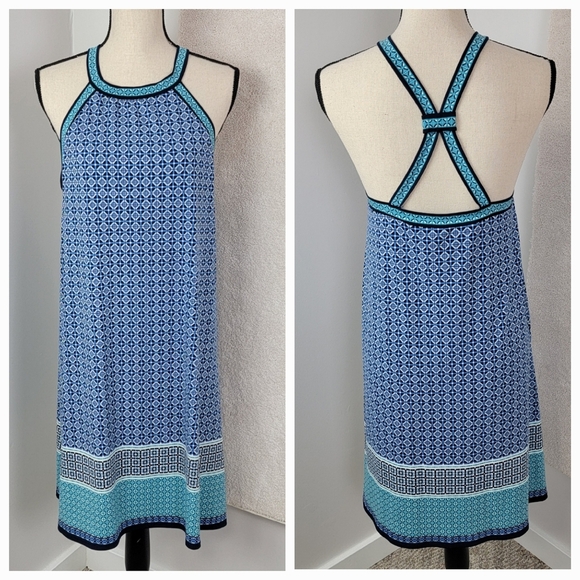 Max Studio Blue An Teal Geometric Pattern Sleeveless Criss-Cross Dress Sz XL NEW - Picture 1 of 10